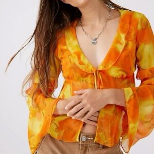 Urban Outfitters Janet Orange and Yellow Floral Butterfly Blouse